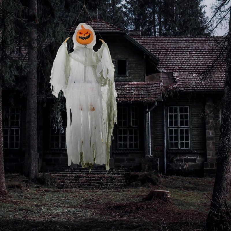 HOMCOM 3.9' Outdoor Halloween Hanging Pumpkin Ghost w/ Light Up Eyes, Sound Activated Prop w/ Creepy Howling Sounds