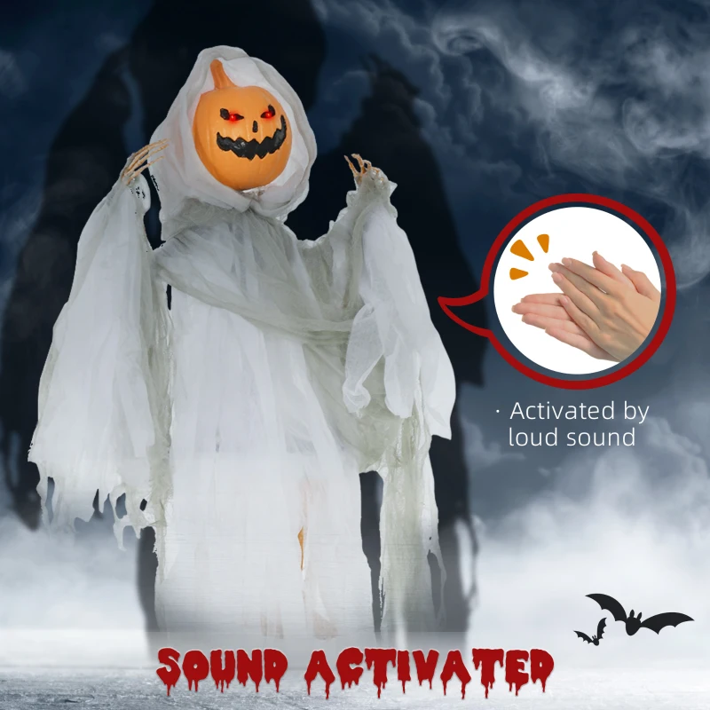 HOMCOM 3.9' Outdoor Halloween Hanging Pumpkin Ghost w/ Light Up Eyes, Sound Activated Prop w/ Creepy Howling Sounds