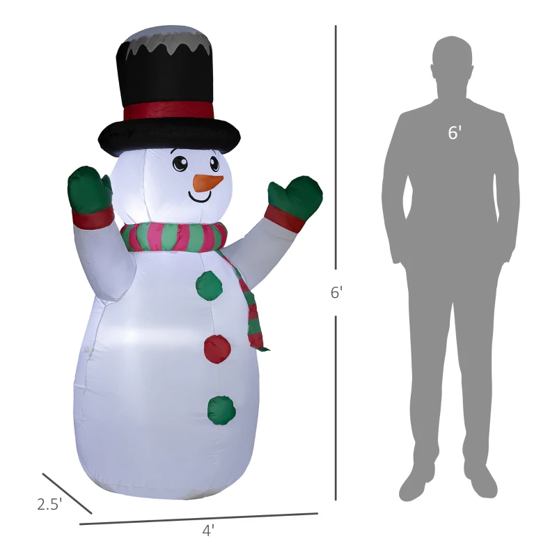 Outsunny 6 FT Christmas Inflatable Snowman, Xmas Blow Up Snowman with LED Lights for Indoor, Outdoor, Lawn, Garden, Party