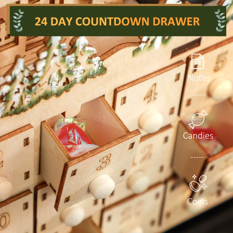 HOMCOM Wooden Christmas Advent Calendar with 24 Fillable Countdown Drawers and LED Lights, Battery Operated
