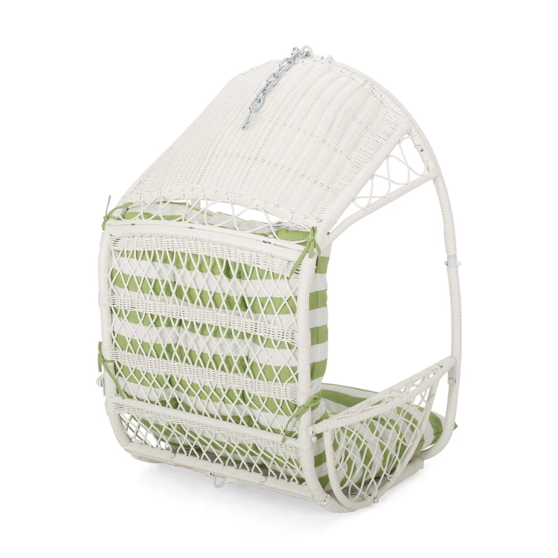 Outdoor/Indoor Wicker Hanging Chair with Water-Resistant Cushions and Faux Rattan, Professional Installation Required, 34.5" L x 25" W x 46.25" H, White+Green