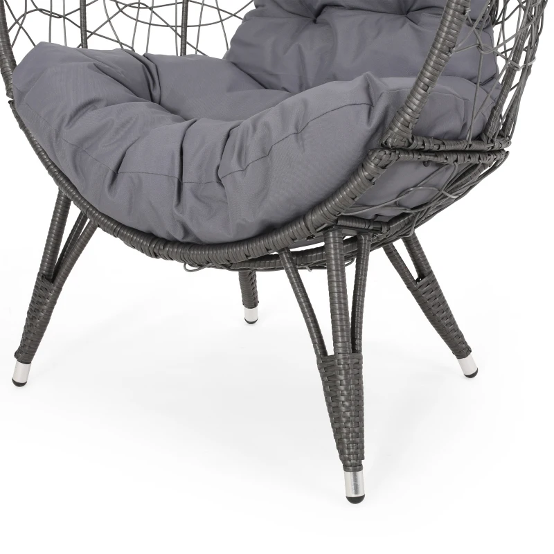 Outdoor Wicker Teardrop Chair with Water-Resistant Cushions, Faux Rattan Iron Frame, Handcrafted Detailing, 38.5" L x 30.75" W x 57.25" H, Gray