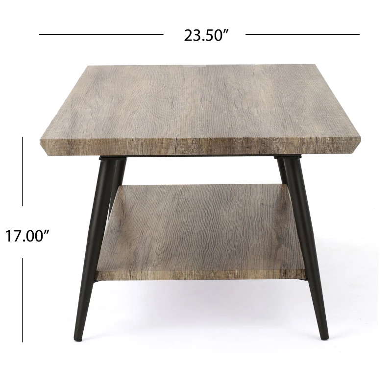 Mid-Century Coffee Table with Lower Shelf, Powder-Coated Steel Legs, MDF with Veneer, 43.25" L x 23.5" W x 17" H, Gray