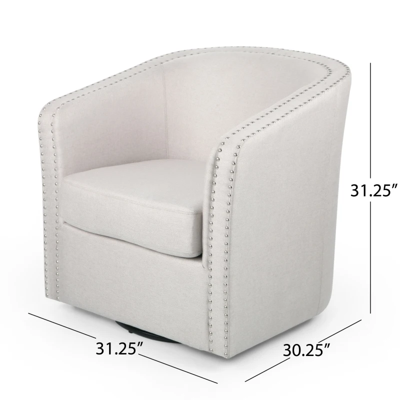 Barrel Style Upholstered Swivel Club Chair with Contemporary Design, Nailhead Trim, 31.25" L x 30.25" W x 31.25" H, Wheat