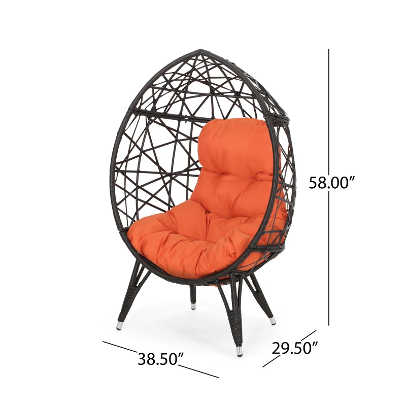 Vinsetto Indoor Teardrop Wicker Patio Chair with Water-Resistant Cushions, Durable Metal Frame, 38.5" L x 29.5" W x 58" H, Brown+Orange