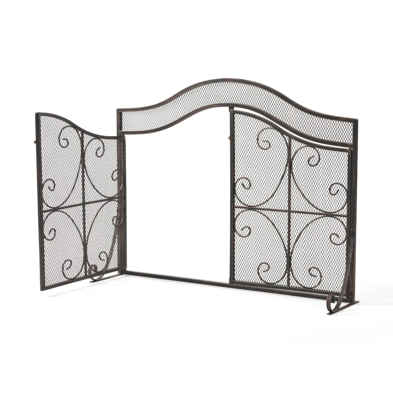 Modern Iron Fire Screen with Single Panel Design and Fine Mesh, Geometric Pattern, and Easy Assembly, 41" L x 9.75" W x 31.75" H, Black