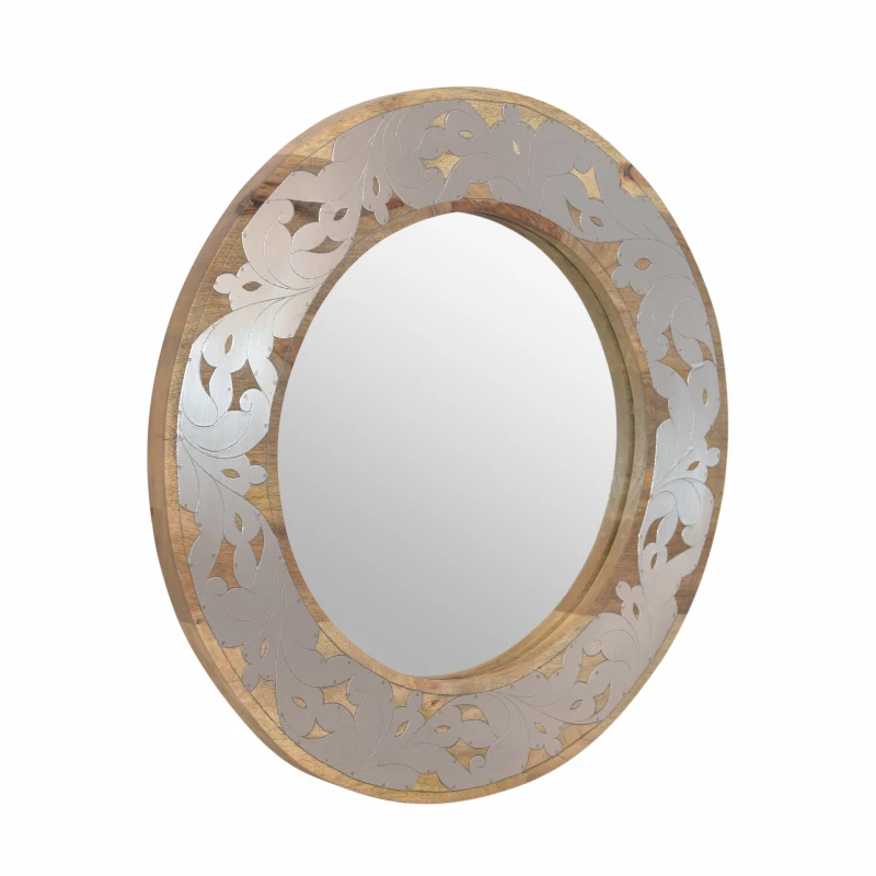 Handcrafted Mango Wood Round Mirror with Aluminum Fitted Floral Design, 22.5" L x 1" W x 22.5" H, Natural