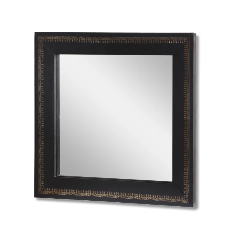 Boho Style Handcrafted Square Wall Mirror with Leather Frame and Gold Embossing, 23"x23", Black+Gold