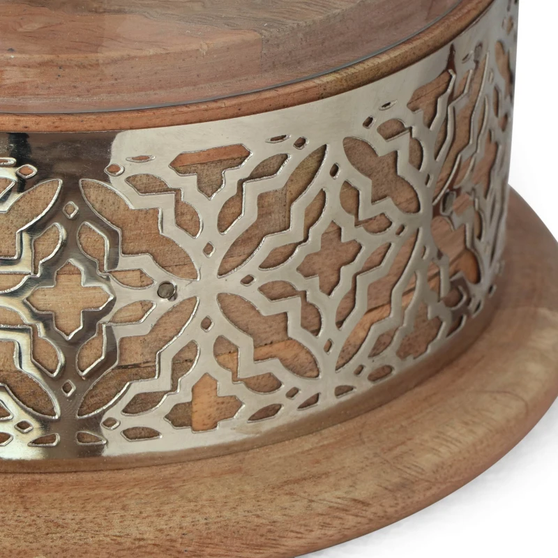Boho Handcrafted Mango Wood Hurricane Candle Holder with Tempered Glass Cover and Metal Accents, 6.75" x 6.75" x 9.5", Natural