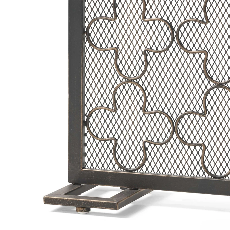Modern Iron Fire Screen with Single Panel Design and Fine Mesh, Geometric Pattern, and Easy Assembly, 41" L x 8" W x 30.75" H, Black+Gold