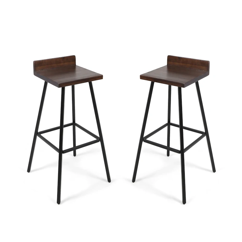 Vinsetto Contemporary Indoor Acacia Wood Bar Stools Set of 2 with Iron Legs and Footrests, Handcrafted, 17.25" x 17.25" x 33", Brown