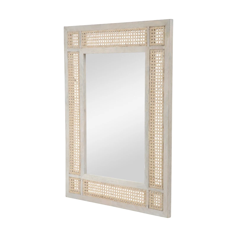 Modern Accent Rectangle Wall Mirror with Mango Wood Frame, Handcrafted Wicker Cane Border, 26.75" L x 1" W x 35.5" H, Natural