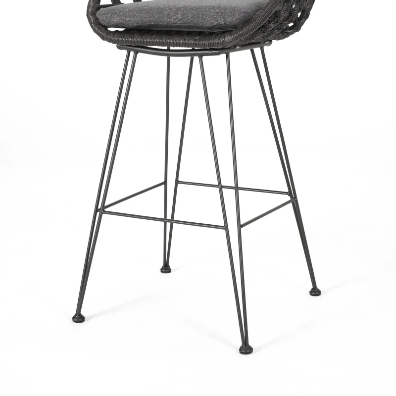 Outdoor Wicker Barstools Set of 2 with Cushions, Handcrafted Faux Rattan, Water-Resistant Fabric, Iron Frame, 22" L x 23.25" W x 38" H, Gray