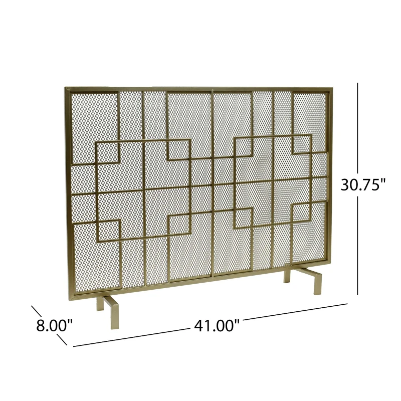 Modern Iron Fire Screen with Single Panel Design and Fine Mesh, Geometric Pattern, and Easy Assembly, 41" L x 8" W x 30.75" H, Gold