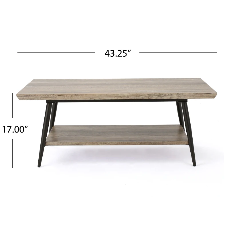 Mid-Century Coffee Table with Lower Shelf, Powder-Coated Steel Legs, MDF with Veneer, 43.25" L x 23.5" W x 17" H, Gray