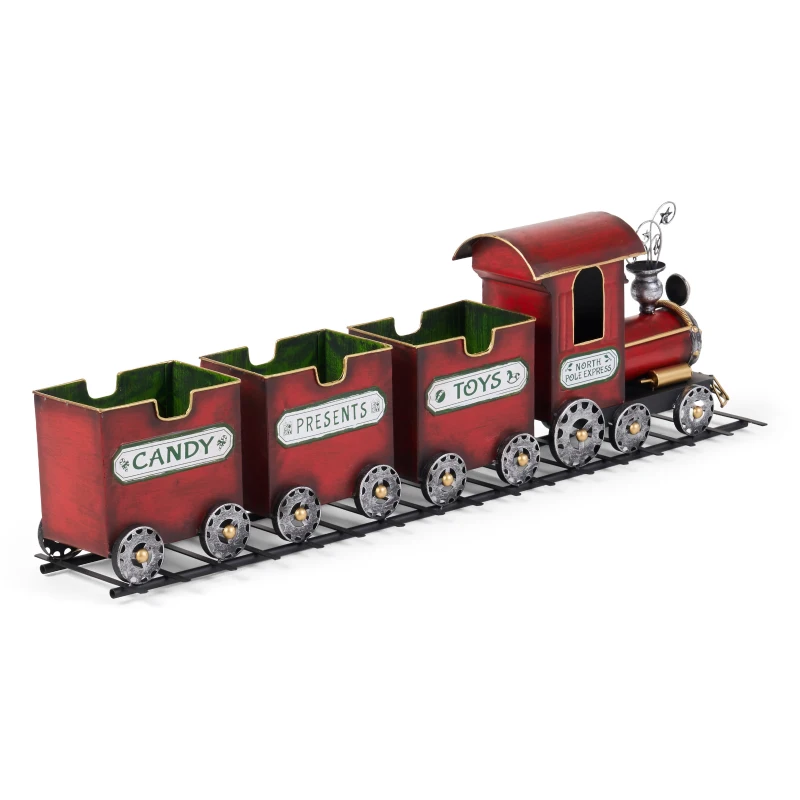 Dark Red Metal Train with Three Cars Decor, Collectible Model with Storage, 37.25"x7.6"x11", Red