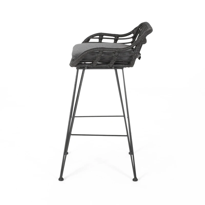 Outdoor Wicker Barstools Set of 2 with Cushions, Handcrafted Faux Rattan, Water-Resistant Fabric, Iron Frame, 22" L x 23.25" W x 38" H, Gray