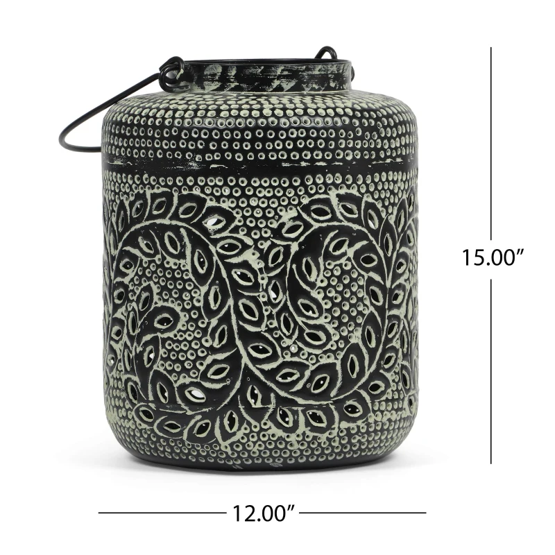 Large Indian Style Lantern with Green Patina and Black Finish, Hand-Crafted Iron, 12"L x 12"W x 15"H, Blackish Green