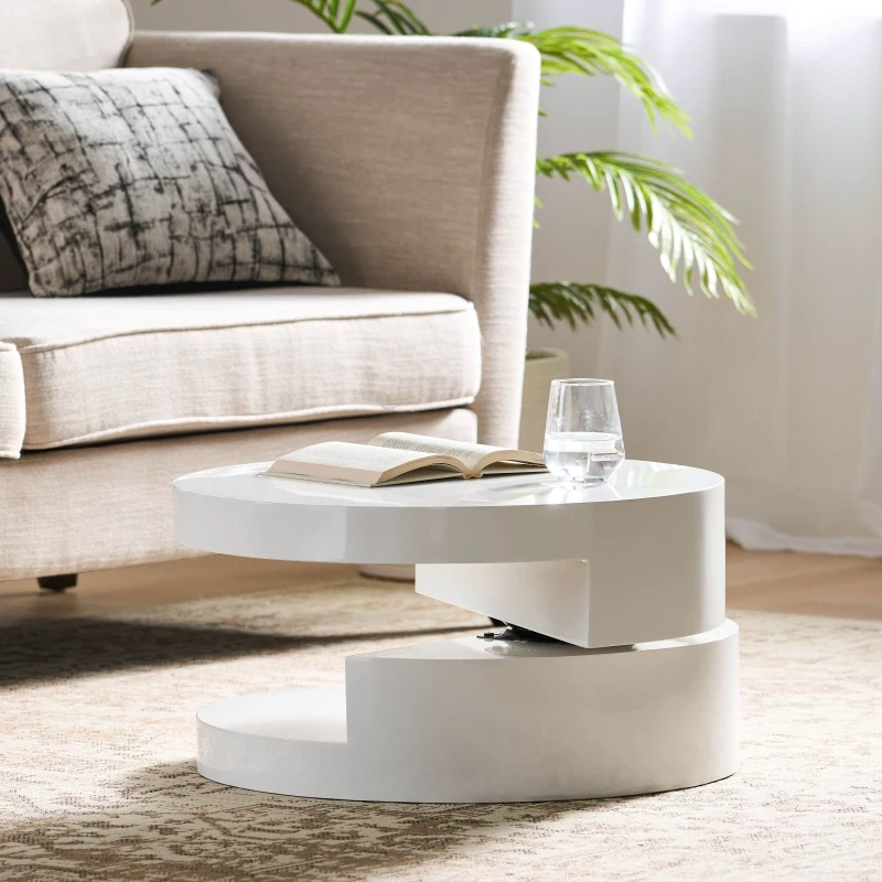 Modern Rotating Coffee Table with 2 Circular Swivel Levels, High Gloss Finish, 23.6" x 23.6" x 13", White