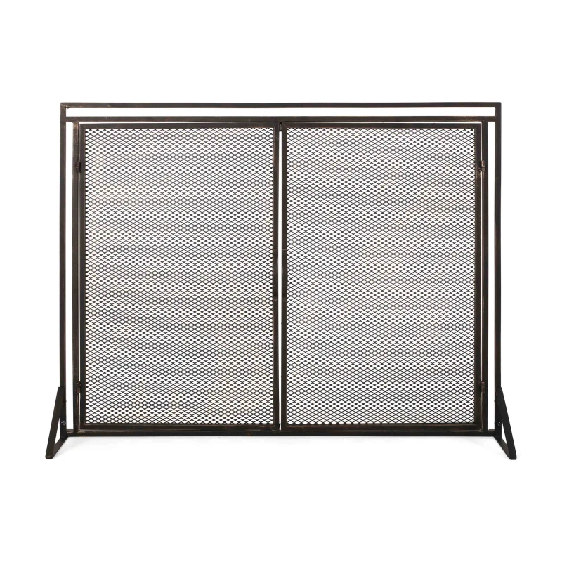 Iron Fireplace Screen with Easy Access Doors, Matte Black Finish, Hand-Crafted Details, 40" L x 10.25" W x 30.5" H, Black+Gold