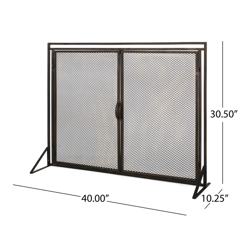 Iron Fireplace Screen with Easy Access Doors, Matte Black Finish, Hand-Crafted Details, 40" L x 10.25" W x 30.5" H, Black+Gold