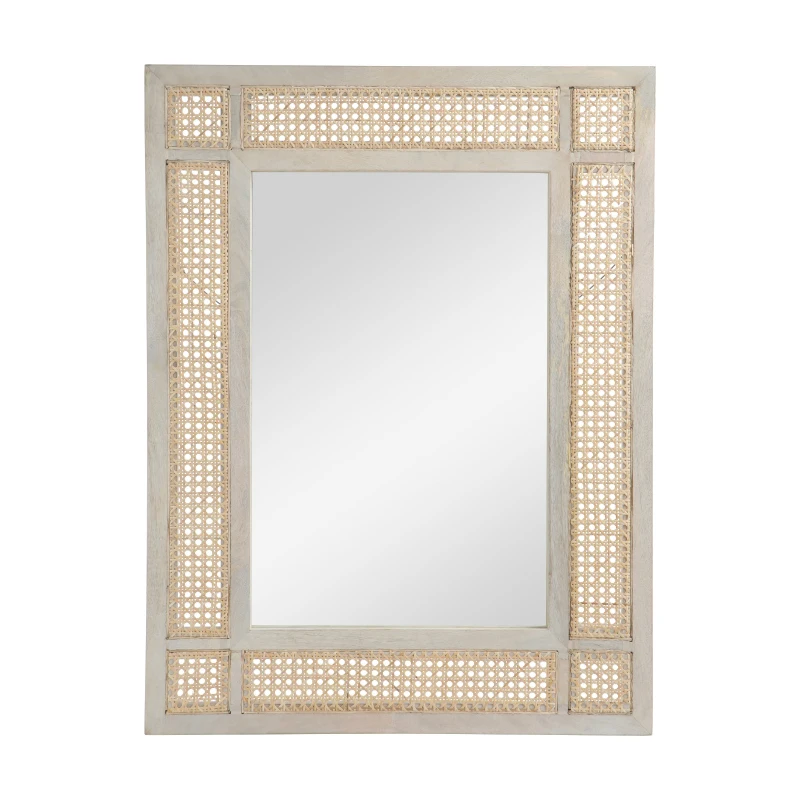 Modern Accent Rectangle Wall Mirror with Mango Wood Frame, Handcrafted Wicker Cane Border, 26.75" L x 1" W x 35.5" H, Natural