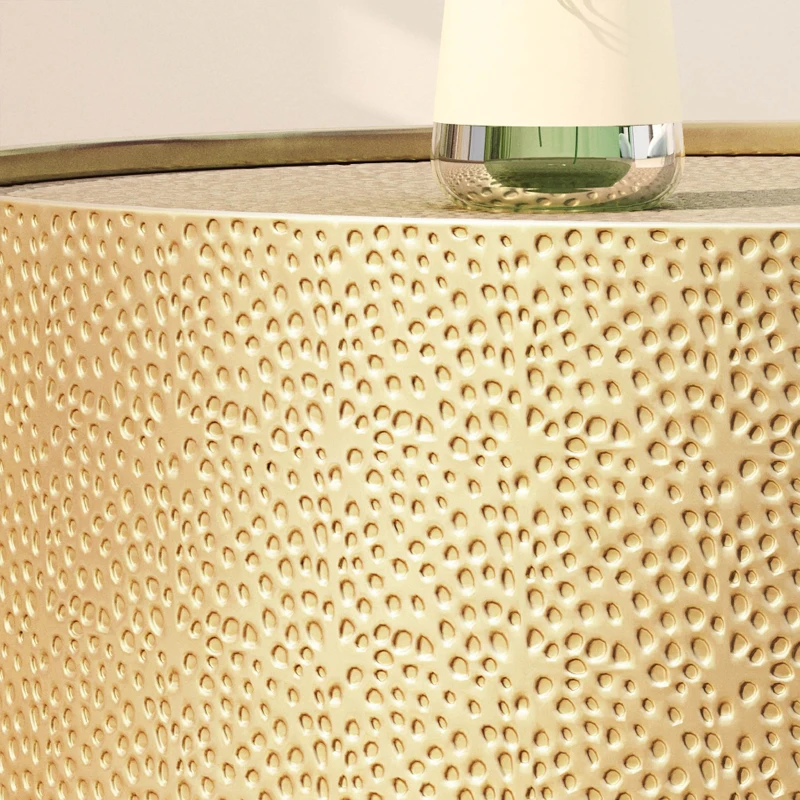 Handcrafted Round Coffee Table with Modern Hammered Metal Surface, Sturdy Iron Frame, No Assembly Required, 26" L x 26" W x 17.25" H, Gold