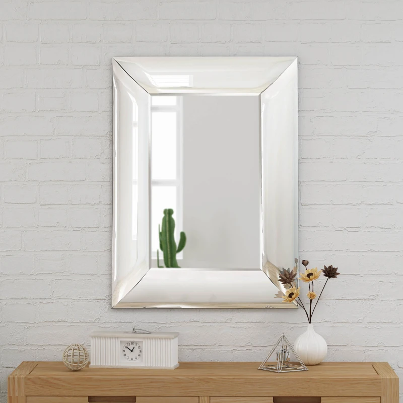 Curved Rectangle Wall Mirror with Tempered Glass, Stainless Steel Frame, 31.75" L x 23.8" W x 1.18" H, Clear