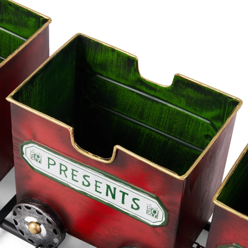 Dark Red Metal Train with Three Cars Decor, Collectible Model with Storage, 37.25"x7.6"x11", Red