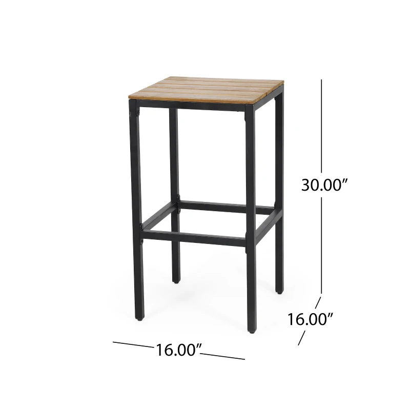 Outdoor Industrial Acacia Wood Bar Stools Set of 2, Metal Frame with Footrests, 16" L x 16" W x 30" H, Teak+Black