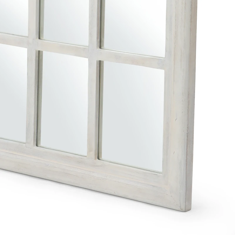 Traditional Arched Windowpane Mirror, Handcrafted Mango Wood Frame, Ready to Hang, 31" L x 1.25" W x 44" H, White