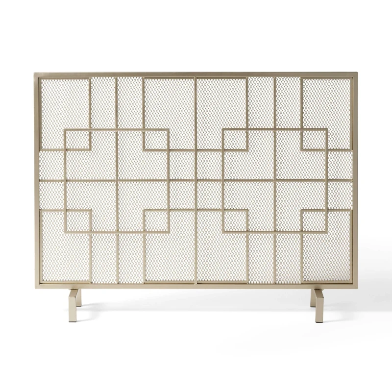 Modern Iron Fire Screen with Single Panel Design and Fine Mesh, Geometric Pattern, and Easy Assembly, 41" L x 8" W x 30.75" H, Gold