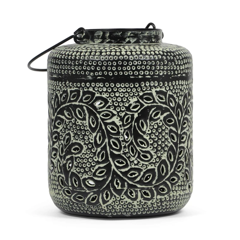 Large Indian Style Lantern with Green Patina and Black Finish, Hand-Crafted Iron, 12"L x 12"W x 15"H, Blackish Green