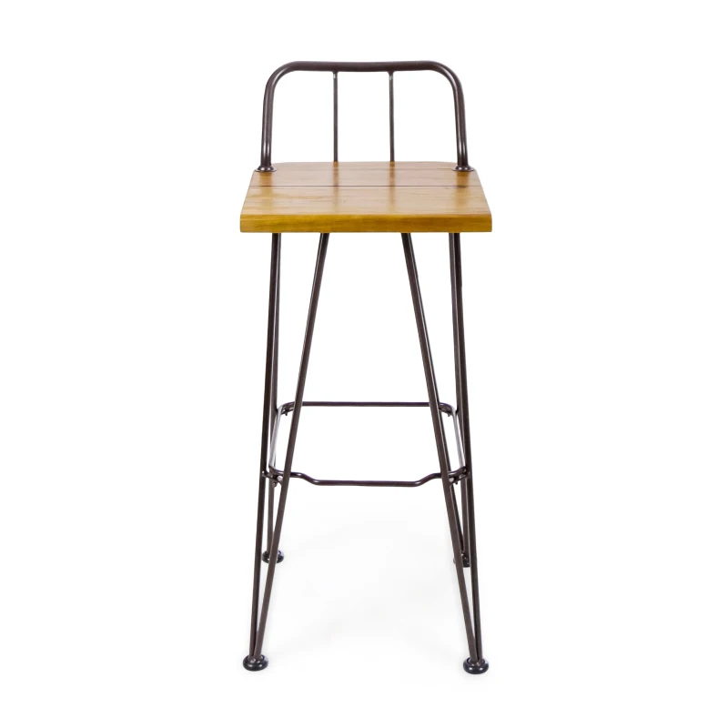 Industrial Wood and Metal Barstool Set of 2 with Powder-Coated Iron Frame, Acacia Wood Seat, and Built-In Footrest, Accent Outdoor Patio Seating, 16.5" L x 17" W x 37.5" H, Brown