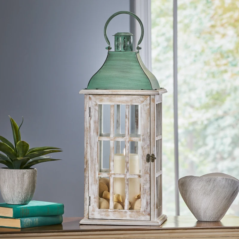 Handcrafted Mango Wood Decorative Lantern with Tempered Glass Panels, Coastal Finish, and Iron Handle, 10.25" L x 10.25" W x 24.5" H, White+Green