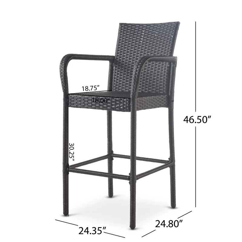 Outdoor Wicker Barstools Set of 2, Faux Rattan with Metal Frame, Weather Resistant, 24.8" L x 24.35" W x 46.5" H, Gray