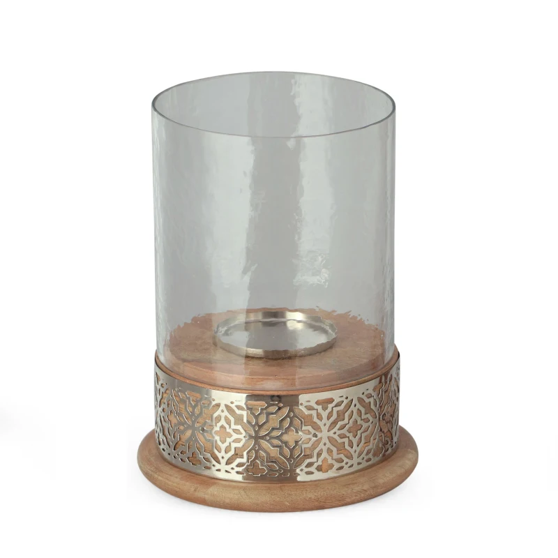 Boho Handcrafted Mango Wood Hurricane Candle Holder with Tempered Glass Cover and Metal Accents, 6.75" x 6.75" x 9.5", Natural