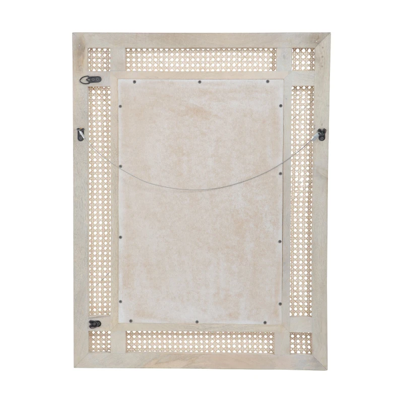 Modern Accent Rectangle Wall Mirror with Mango Wood Frame, Handcrafted Wicker Cane Border, 26.75" L x 1" W x 35.5" H, Natural