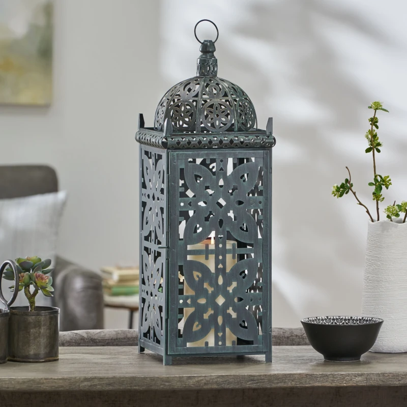 Large Indian Style Lantern with Green Patina and Black Finish, Hand-Crafted Iron, 8.25" L x 8.25" W x 23.25" H, Black