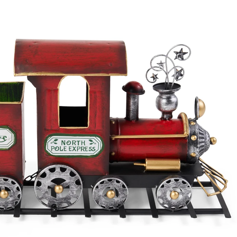 Dark Red Metal Train with Three Cars Decor, Collectible Model with Storage, 37.25"x7.6"x11", Red