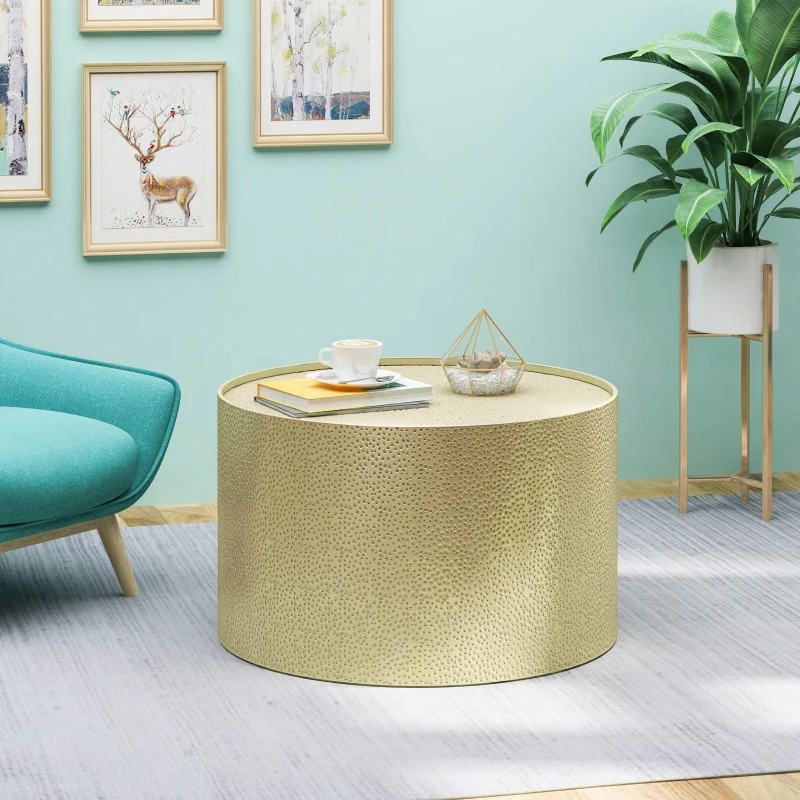 Handcrafted Round Coffee Table with Modern Hammered Metal Surface, Sturdy Iron Frame, No Assembly Required, 26" L x 26" W x 17.25" H, Gold