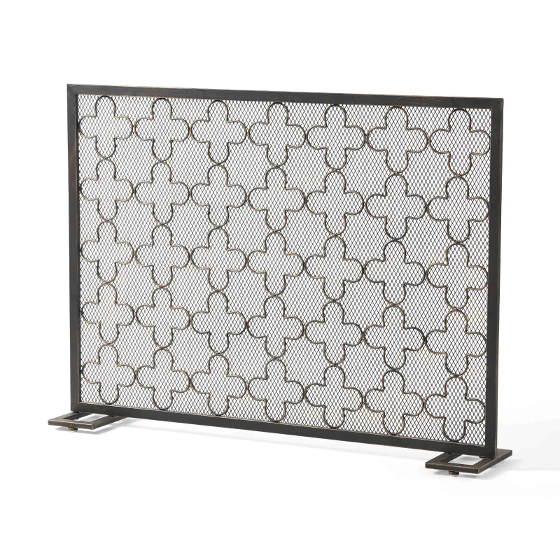 Modern Iron Fire Screen with Single Panel Design and Fine Mesh, Geometric Pattern, and Easy Assembly, 41" L x 8" W x 30.75" H, Black+Gold