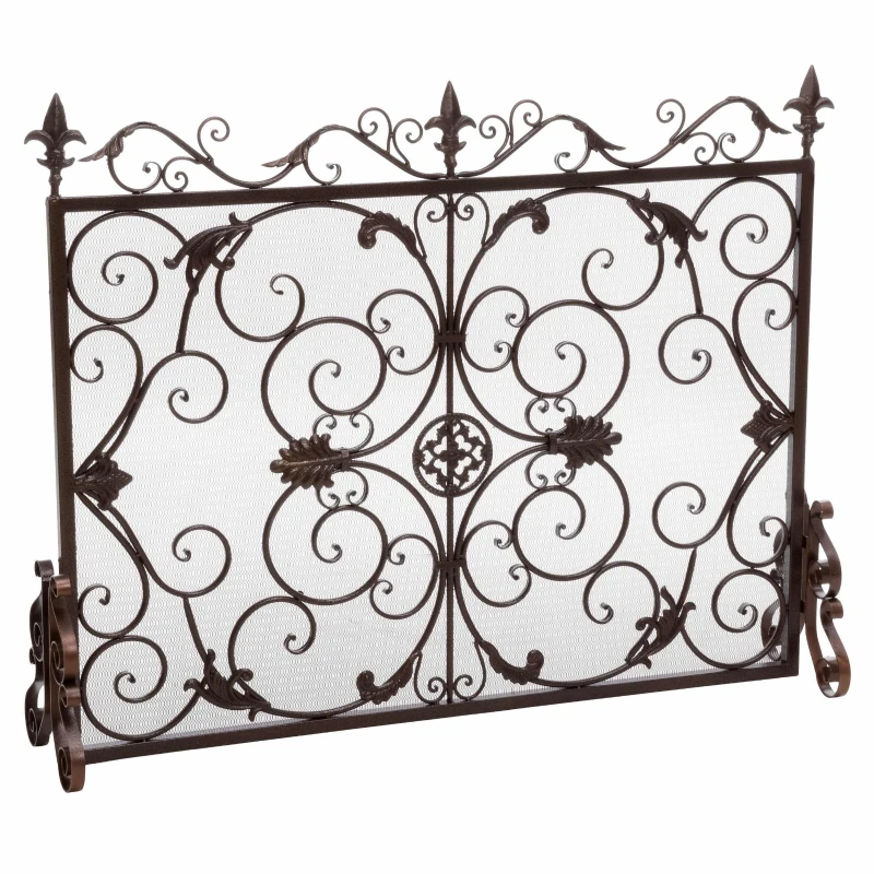 Traditional Fireplace Screen with Victorian Inspired Design, Wrought Iron with Ornate Detailing, 44.5" L x 9.75" W x 35" H, Black+Gold