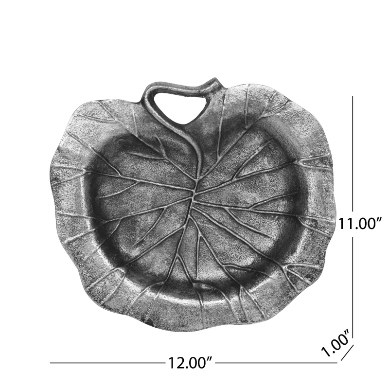 Mid Century Aluminum Decorative Leaf Plate, Handmade Design, Antique Nickel Finish, 12" x 11" x 1", Gray