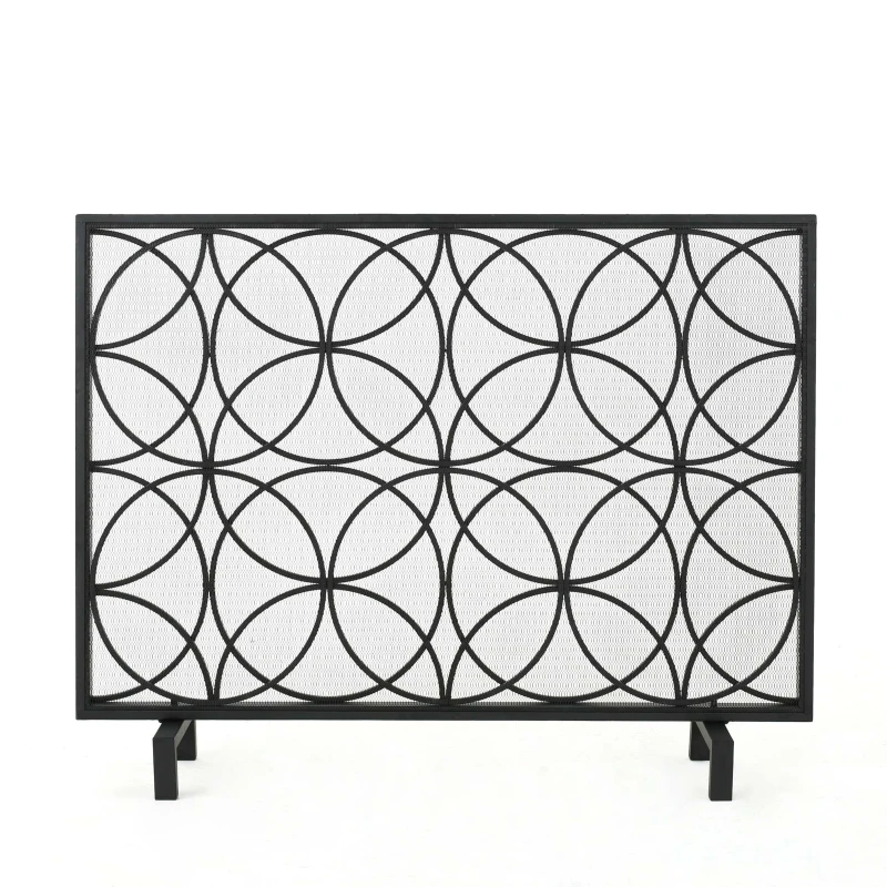 Stylish Single Panel Iron Fireplace Screen with Durable Iron Frame, Modern Overlapping Circle Design, 41.1" L x 9.25" W x 31.1" H, Black