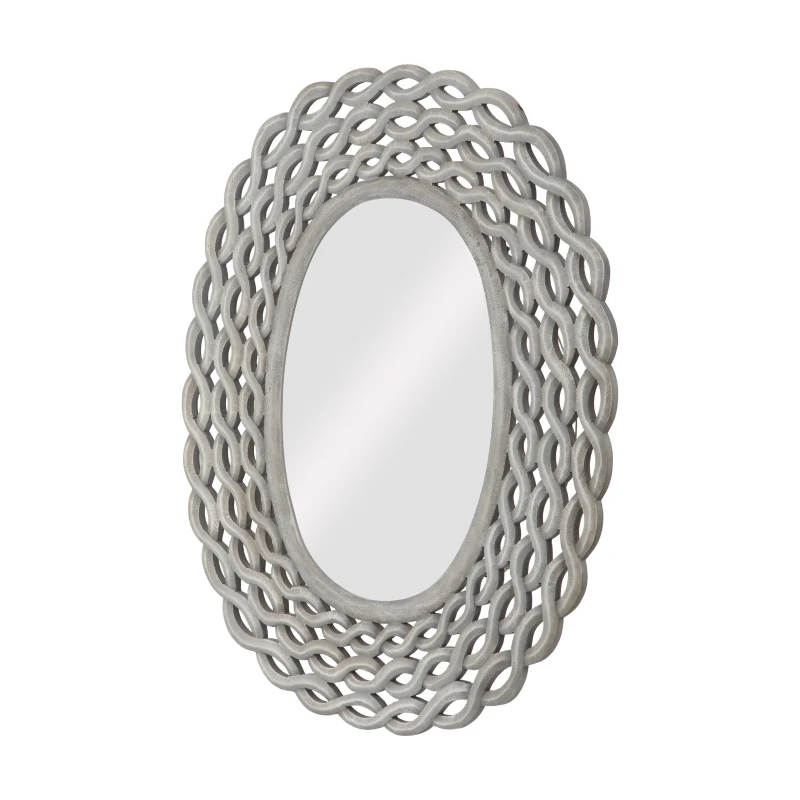 Modern Accent Wall Mirror with Handcrafted Design, Braided Border and Distressed Finish, 35.5" L x 0.7" W x 28" H, Grey