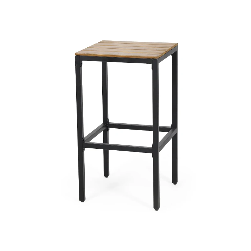 Outdoor Industrial Acacia Wood Bar Stools Set of 2, Metal Frame with Footrests, 16" L x 16" W x 30" H, Teak+Black