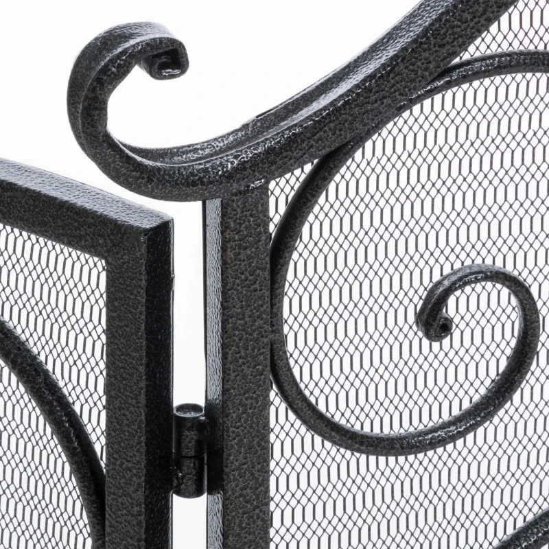 Retro style Fireplace Screen with Ornate Wrought Iron Design, Foldable Three-Panel Structure, 55.75" L x 1.75" W x 32.25" H, Black+Silver