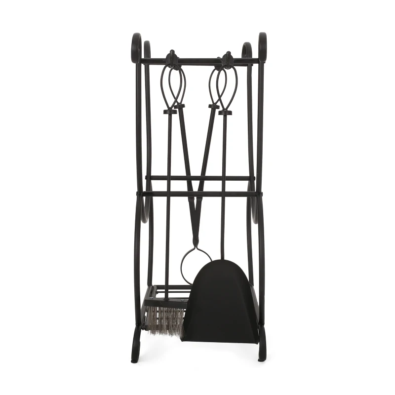 Traditional Fireplace Log Rack and Tool Set, Iron Construction with Shovel, Brush, Tongs, and Log Holder, 23.25" L x 11.75" W x 29.25" H, Matte Black