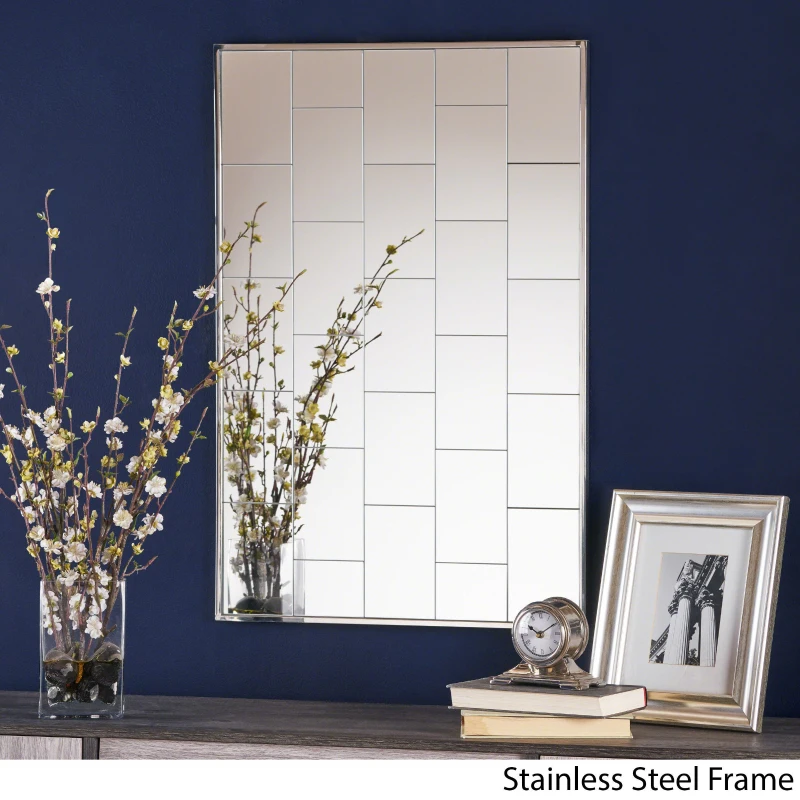 Rectangular Glam Brick Patterned Wall Mirror with Stainless Steel Frame, No Assembly Required, 23.6" L x 35.4" W x 0.78" H, Silver